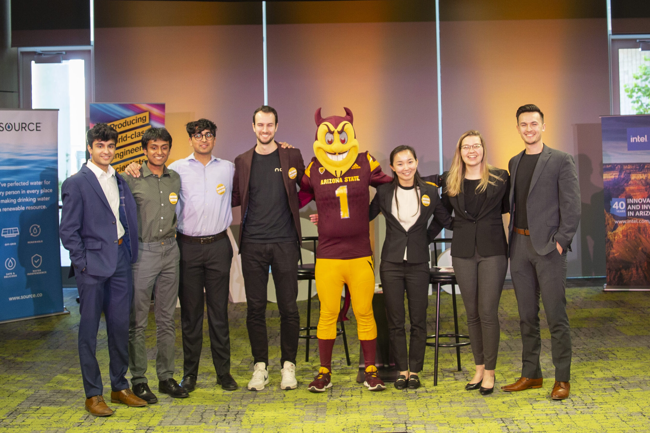 Winners of the 2023 ASU Innovation competition stand together on the competition stage. 